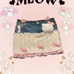 Cute Hello Kitty skirt with fuzzy denim and pink bows